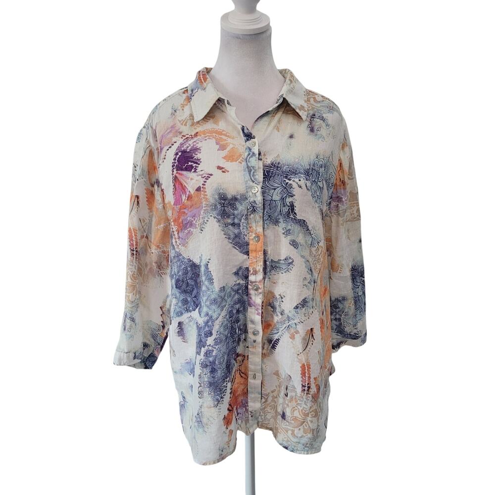 Chico’s Size 3 XL Watercolor Floral‎ Print Button Up Linen Blend Art to Wear